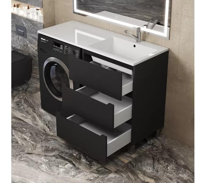 Тумба под стиральную машину напольная Uperwood Tanos 60, черная, 2/3 ящика, Выбрать цвет: Черный матовый, Выбрать размер: 60, Внешний вид: 3 ящика, изображение 2