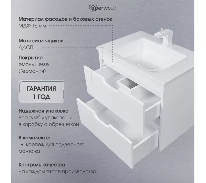 Тумба подвесная Uperwood Modul  белая матовая, Выбрать цвет: Белый матовый, Выбрать размер: 65, изображение 9