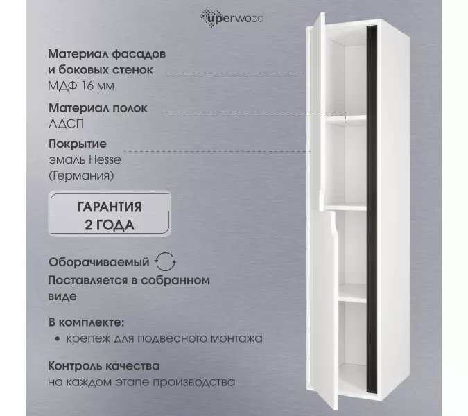 Шкаф-пенал подвесной Uperwood Modul 33х150 см, белый/графит, Выбрать цвет: Белый/графит, изображение 7