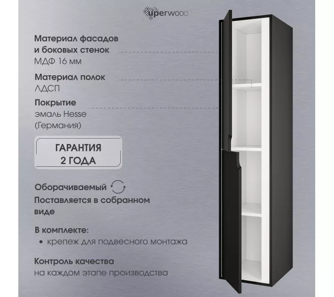 Шкаф-пенал подвесной Uperwood Modul 33х150 см, черный матовый, Выбрать цвет: Черный матовый, изображение 5