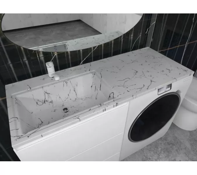 Раковина над стиральной машиной Uperwood Марсал 120х48,6х15 см, белый мрамор, левая, крыло справа, Выбрать цвет: белый мрамор, Внешний вид: Крыло справа