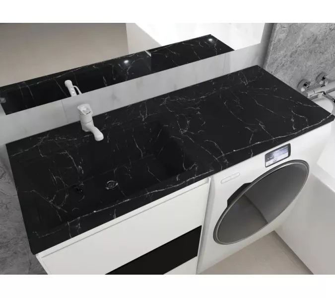 Раковина над стиральной машиной Uperwood Марсал 120х48,6х15 см, черный мрамор, левая, крыло справа, Выбрать цвет: черный мрамор, Внешний вид: Крыло справа