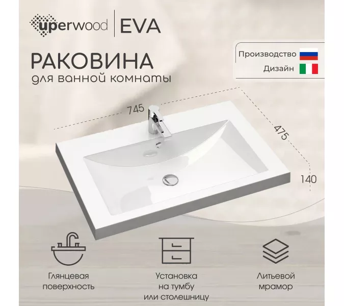 Раковина для ванной Uperwood Eva, белая глянцевая, Выбрать цвет: Белый, Выбрать размер: 75