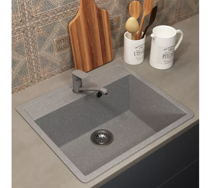 Кухонная мойка из искусственного камня Uperwood ECON UPD-104-003, прямоугольная, серая матовая, Выбрать цвет: Светло-серый, изображение 2