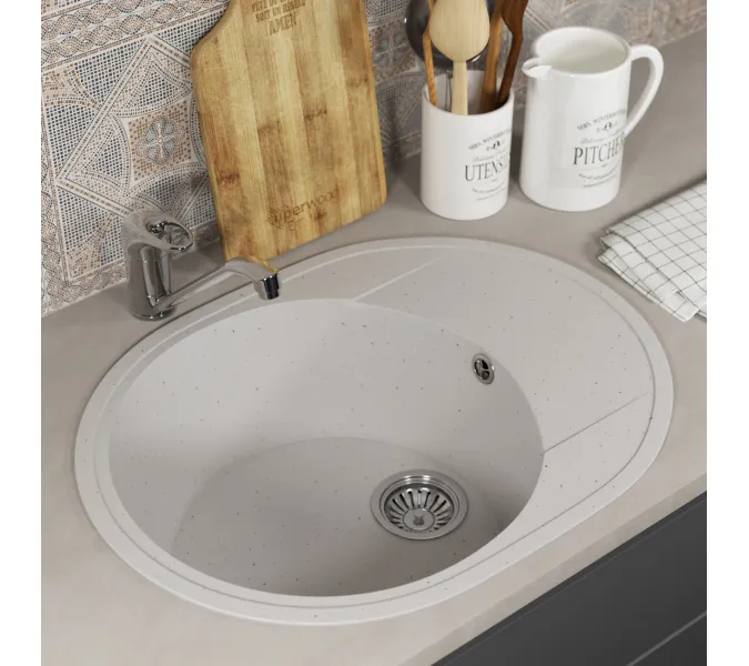 Кухонная мойка из искусственного камня Uperwood ECON UPD-107-001, овальная, белая матовая, Выбрать цвет: Белый камень, изображение 2