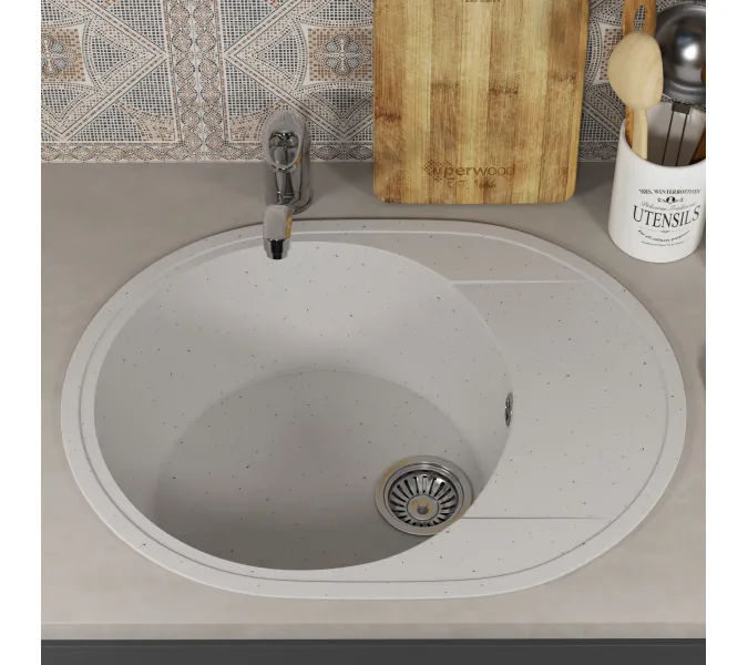 Кухонная мойка из искусственного камня Uperwood ECON UPD-107-001, овальная, белая матовая, Выбрать цвет: Белый камень, изображение 3