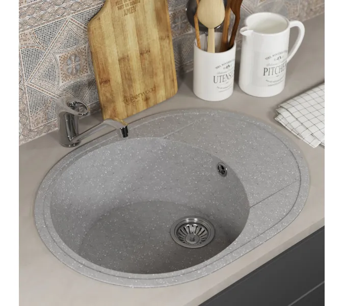 Кухонная мойка из искусственного камня Uperwood ECON UPD-107-003, овальная, серая матовая, Выбрать цвет: Светло-серый, изображение 2