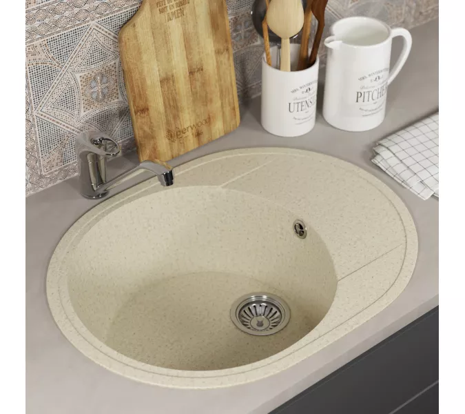 Кухонная мойка из искусственного камня Uperwood ECON UPD-107-002, овальная, бежевая матовая, Выбрать цвет: Слоновая кость, изображение 2