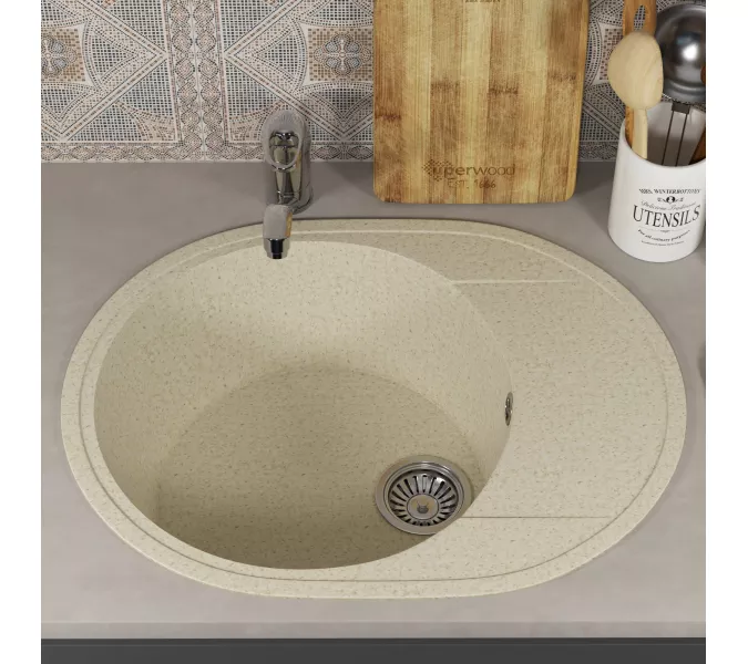 Кухонная мойка из искусственного камня Uperwood ECON UPD-107-002, овальная, бежевая матовая, Выбрать цвет: Слоновая кость, изображение 3