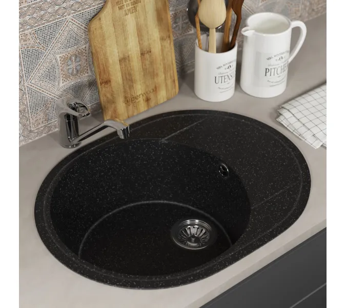 Кухонная мойка из искусственного камня Uperwood ECON UPD-107-004, овальная, черная матовая, Выбрать цвет: Черный оникс, изображение 2
