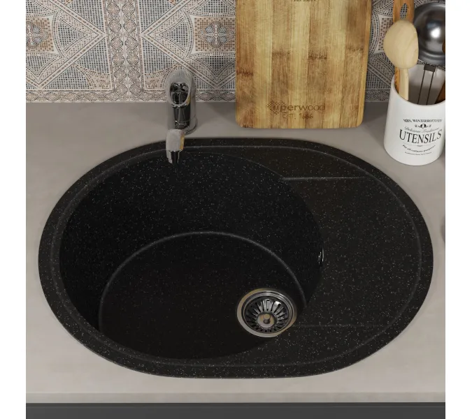 Кухонная мойка из искусственного камня Uperwood ECON UPD-107-004, овальная, черная матовая, Выбрать цвет: Черный оникс, изображение 3