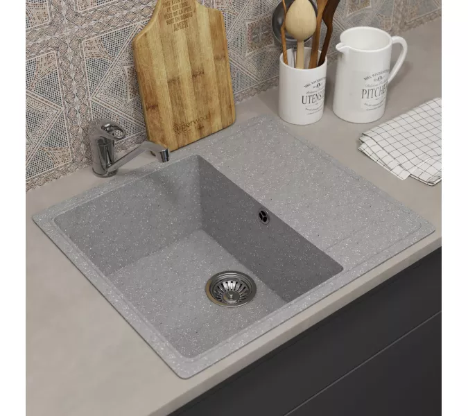 Кухонная мойка из искусственного камня Uperwood ECON UPD-201-003, прямоугольная, серая матовая, Выбрать цвет: Светло-серый, изображение 2