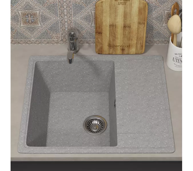 Кухонная мойка из искусственного камня Uperwood ECON UPD-201-003, прямоугольная, серая матовая, Выбрать цвет: Светло-серый, изображение 3