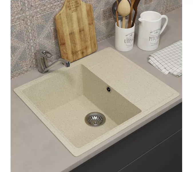 Кухонная мойка из искусственного камня Uperwood ECON UPD-201-002, прямоугольная, бежевая матовая, Выбрать цвет: Слоновая кость, изображение 2