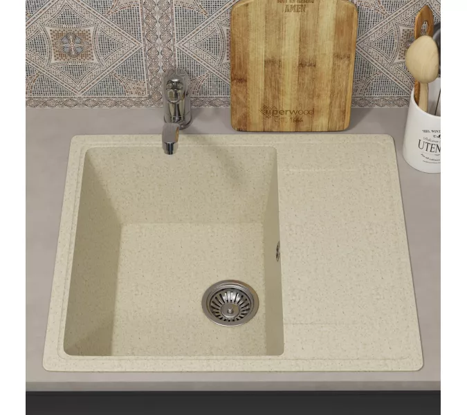 Кухонная мойка из искусственного камня Uperwood ECON UPD-201-002, прямоугольная, бежевая матовая, Выбрать цвет: Слоновая кость, изображение 3