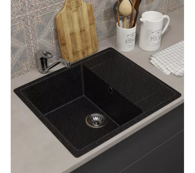 Кухонная мойка из искусственного камня Uperwood ECON UPD-201-004, прямоугольная, черная матовая, Выбрать цвет: Черный оникс, изображение 2