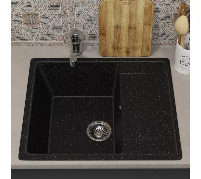 Кухонная мойка из искусственного камня Uperwood ECON UPD-201-004, прямоугольная, черная матовая, Выбрать цвет: Черный оникс, изображение 3