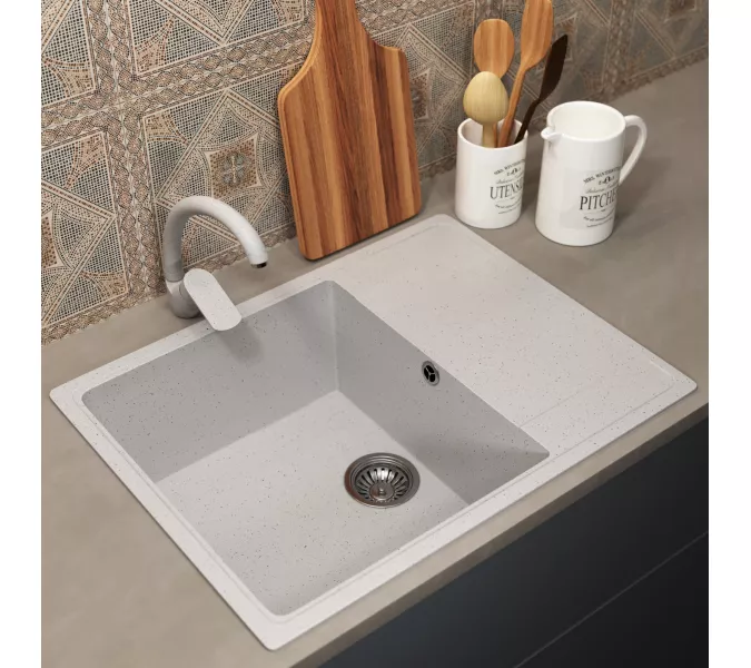 Кухонная мойка из искусственного камня Uperwood ECON UPD-202-001, прямоугольная, белая матовая, Выбрать цвет: Белый камень, изображение 2