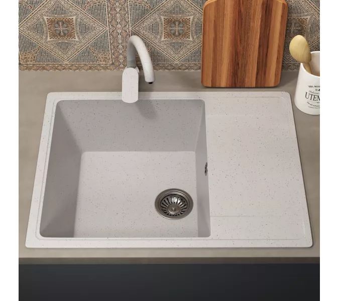 Кухонная мойка из искусственного камня Uperwood ECON UPD-202-001, прямоугольная, белая матовая, Выбрать цвет: Белый камень, изображение 3