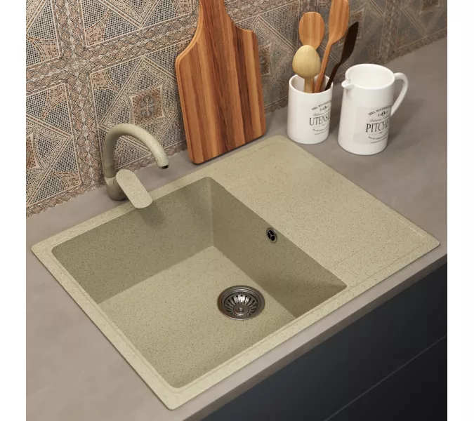 Кухонная мойка из искусственного камня Uperwood ECON UPD-202-002, прямоугольная, бежевая матовая, Выбрать цвет: Слоновая кость, изображение 2
