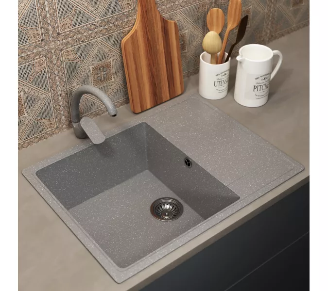 Кухонная мойка из искусственного камня Uperwood ECON UPD-202-003, прямоугольная, серая матовая, Выбрать цвет: Светло-серый, изображение 2
