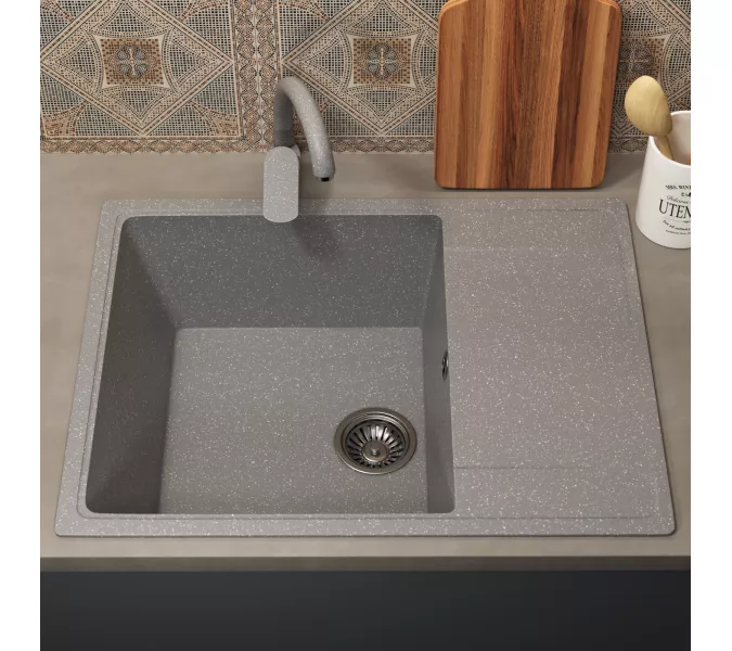 Кухонная мойка из искусственного камня Uperwood ECON UPD-202-003, прямоугольная, серая матовая, Выбрать цвет: Светло-серый, изображение 3