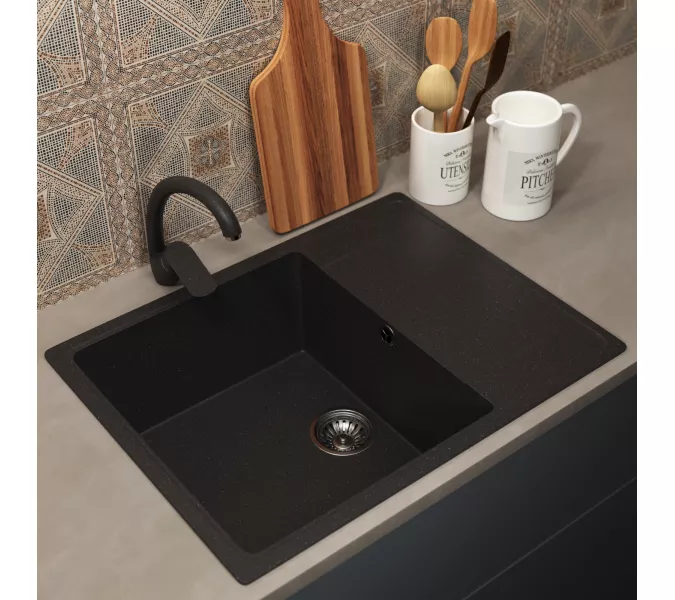 Кухонная мойка из искусственного камня Uperwood ECON UPD-202-004, прямоугольная, черная матовая, Выбрать цвет: Черный оникс, изображение 2