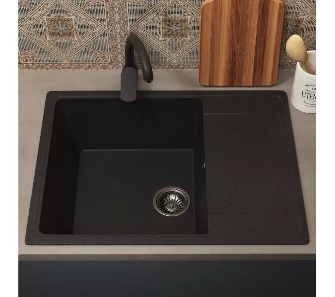 Кухонная мойка из искусственного камня Uperwood ECON UPD-202-004, прямоугольная, черная матовая, Выбрать цвет: Черный оникс, изображение 3