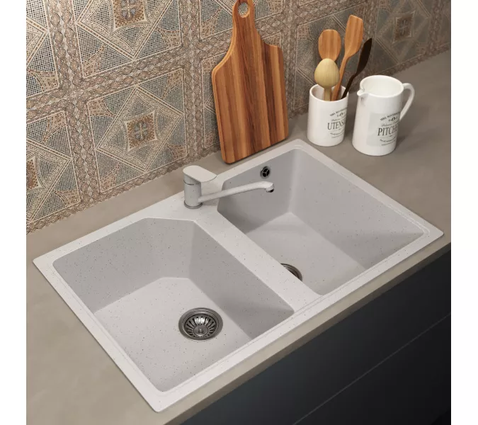 Кухонная мойка из искусственного камня Uperwood ECON UPD-402-001, прямоугольная, 2 чаши, белая матовая, Выбрать цвет: Белый камень, изображение 2