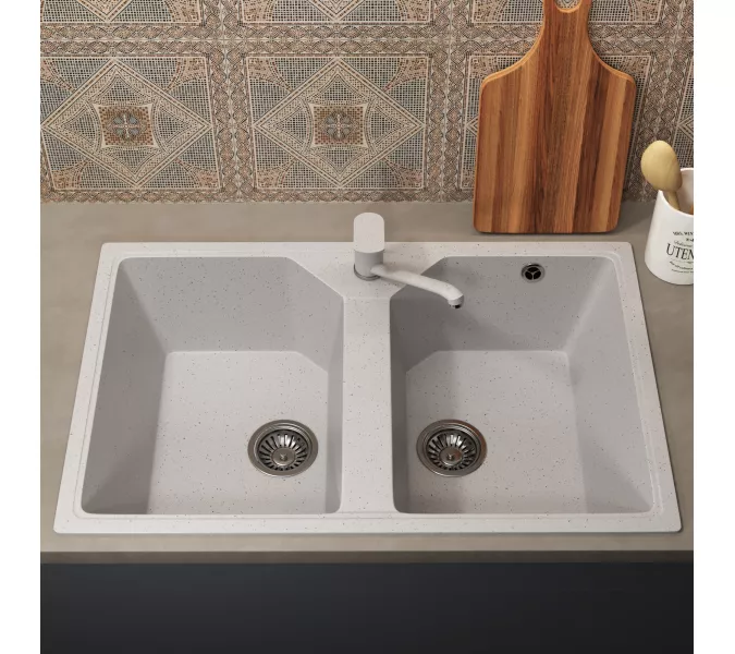 Кухонная мойка из искусственного камня Uperwood ECON UPD-402-001, прямоугольная, 2 чаши, белая матовая, Выбрать цвет: Белый камень, изображение 3