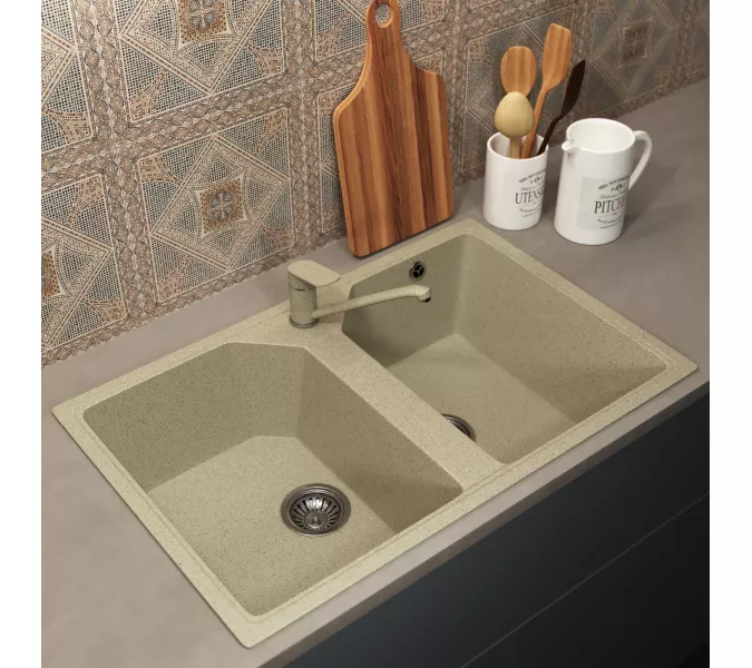 Кухонная мойка из искусственного камня Uperwood ECON UPD-402-002, прямоугольная, 2 чаши, бежевая матовая, Выбрать цвет: Слоновая кость, изображение 2