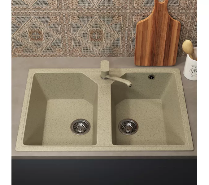 Кухонная мойка из искусственного камня Uperwood ECON UPD-402-002, прямоугольная, 2 чаши, бежевая матовая, Выбрать цвет: Слоновая кость, изображение 3