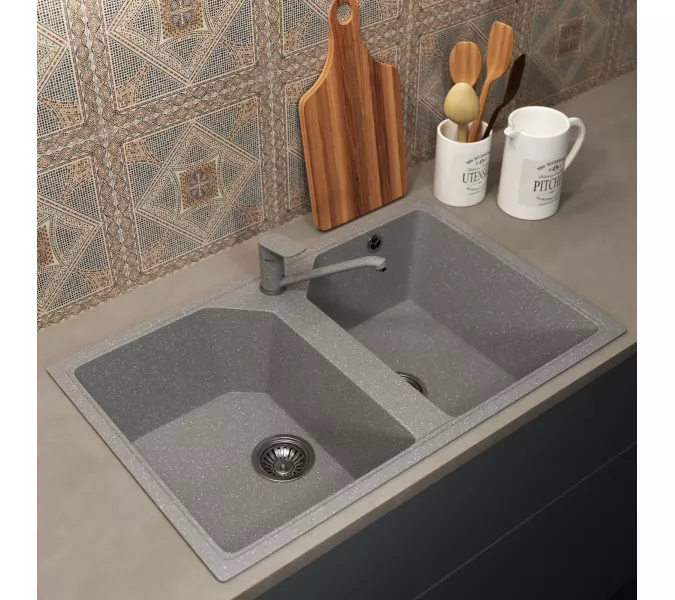 Кухонная мойка из искусственного камня Uperwood ECON UPD-402-003, прямоугольная, 2 чаши, серая матовая, Выбрать цвет: Светло-серый, изображение 2