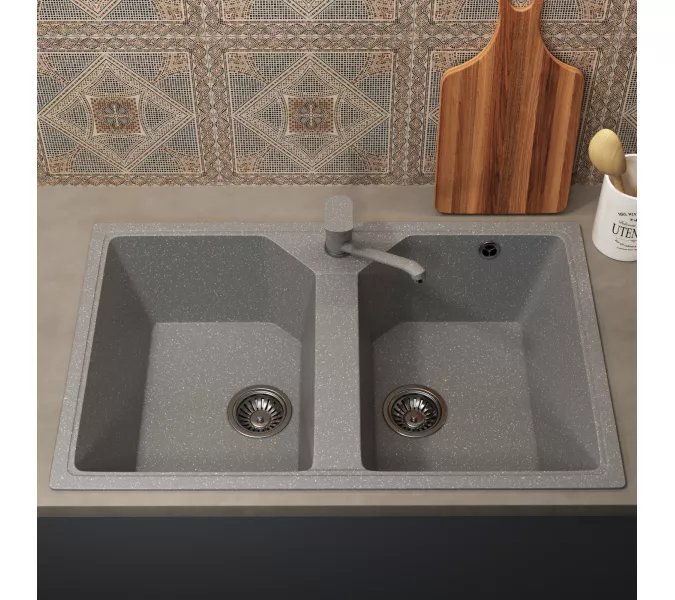 Кухонная мойка из искусственного камня Uperwood ECON UPD-402-003, прямоугольная, 2 чаши, серая матовая, Выбрать цвет: Светло-серый, изображение 3
