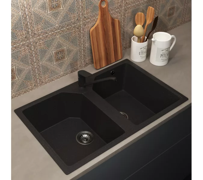 Кухонная мойка из искусственного камня Uperwood ECON UPD-402-004, прямоугольная, 2 чаши, черная матовая, Выбрать цвет: Черный оникс, изображение 2