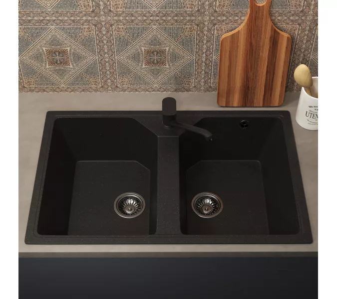 Кухонная мойка из искусственного камня Uperwood ECON UPD-402-004, прямоугольная, 2 чаши, черная матовая, Выбрать цвет: Черный оникс, изображение 3