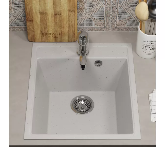 Кухонная мойка из искусственного камня Uperwood ECON UPD-404-001, прямоугольная, белая матовая, Выбрать цвет: Белый камень, изображение 4