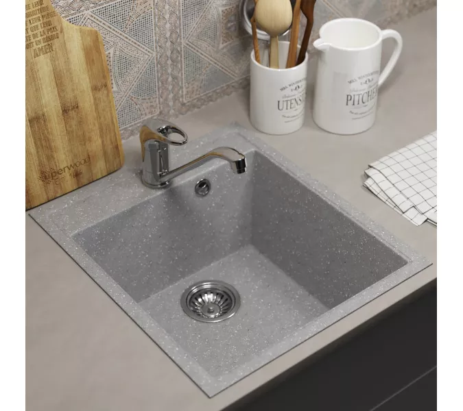 Кухонная мойка из искусственного камня Uperwood ECON UPD-404-003, прямоугольная, серая матовая, Выбрать цвет: Светло-серый, изображение 3