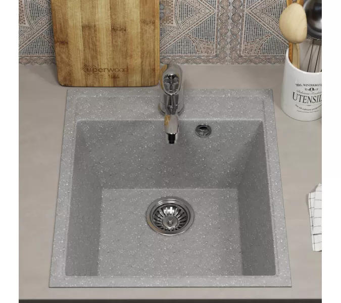 Кухонная мойка из искусственного камня Uperwood ECON UPD-404-003, прямоугольная, серая матовая, Выбрать цвет: Светло-серый, изображение 4