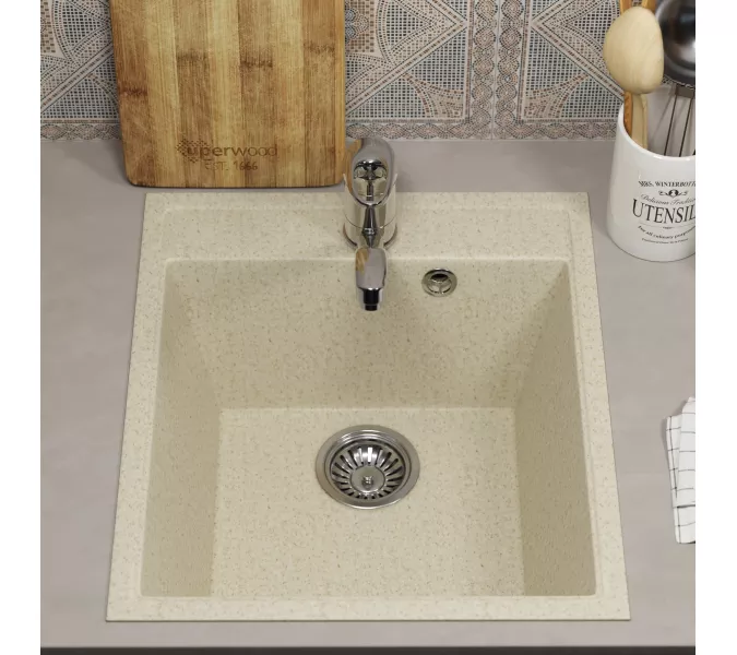 Кухонная мойка из искусственного камня Uperwood ECON UPD-404-002, прямоугольная, бежевая матовая, Выбрать цвет: Слоновая кость, изображение 4
