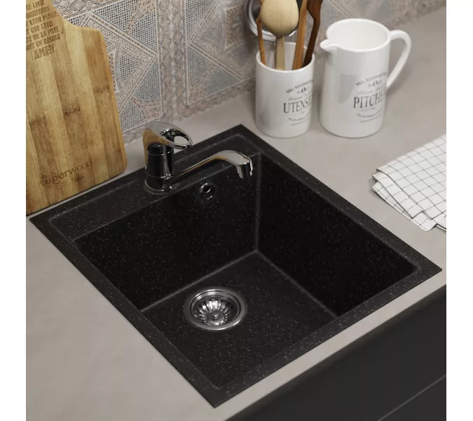 Кухонная мойка из искусственного камня Uperwood ECON UPD-404-004, прямоугольная, черная матовая, Выбрать цвет: Черный оникс, изображение 3