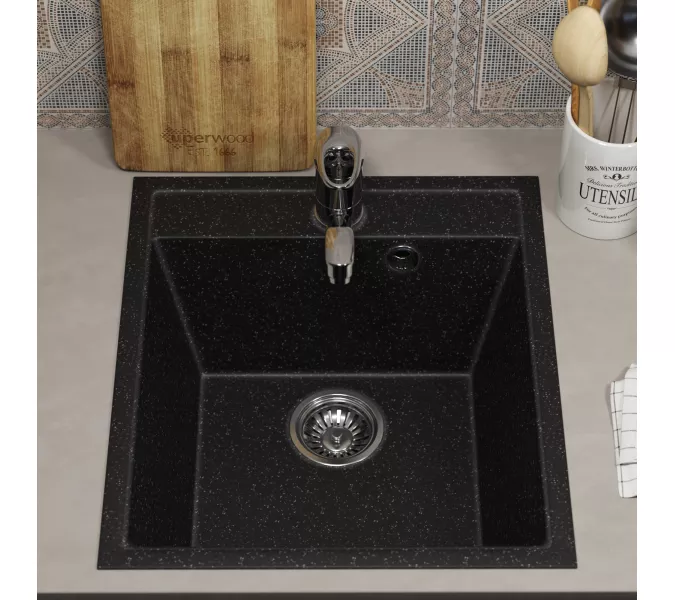 Кухонная мойка из искусственного камня Uperwood ECON UPD-404-004, прямоугольная, черная матовая, Выбрать цвет: Черный оникс, изображение 4