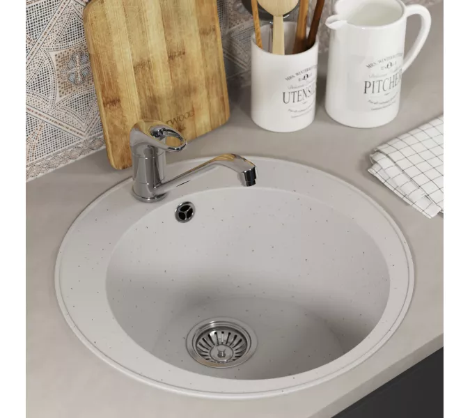 Кухонная мойка из искусственного камня Uperwood ECON UPD-405-001, круглая, белая матовая, Выбрать цвет: Белый камень, изображение 3