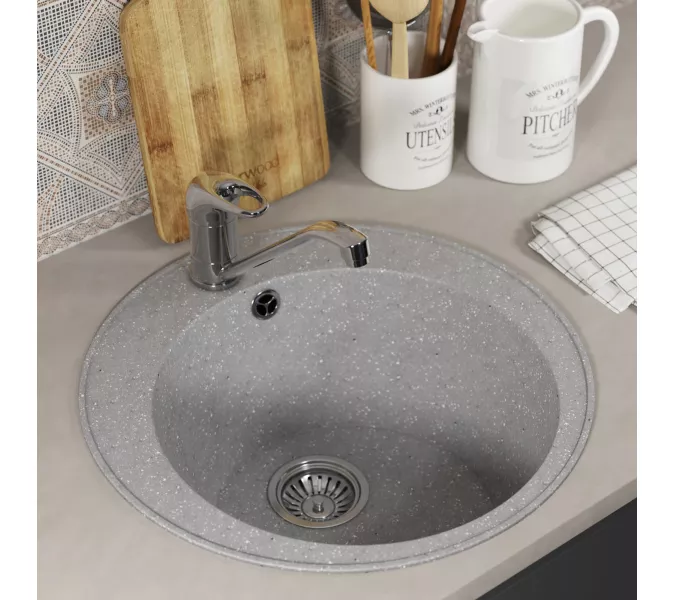 Кухонная мойка из искусственного камня Uperwood ECON UPD-405-003, круглая, серая матовая, Выбрать цвет: Светло-серый, изображение 3