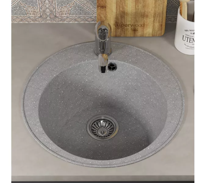 Кухонная мойка из искусственного камня Uperwood ECON UPD-405-003, круглая, серая матовая, Выбрать цвет: Светло-серый, изображение 4