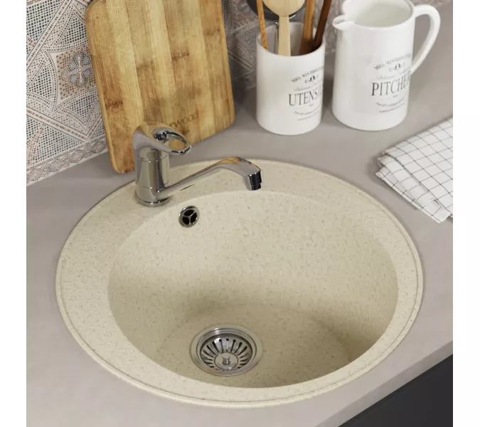 Кухонная мойка из искусственного камня Uperwood ECON UPD-405-002, круглая, бежевая матовая, Выбрать цвет: Слоновая кость, изображение 3