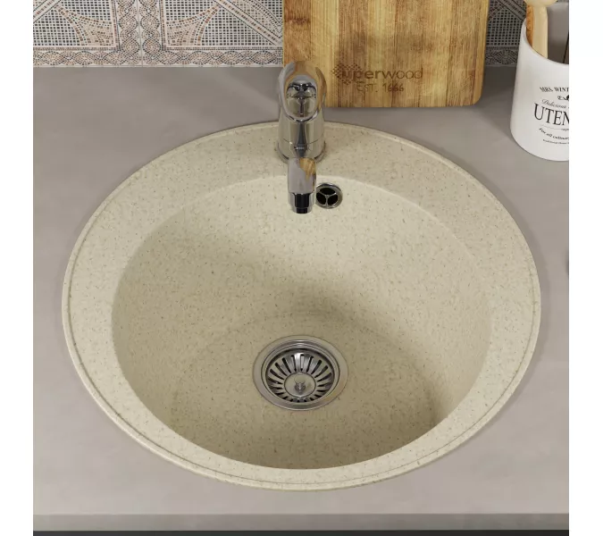 Кухонная мойка из искусственного камня Uperwood ECON UPD-405-002, круглая, бежевая матовая, Выбрать цвет: Слоновая кость, изображение 4