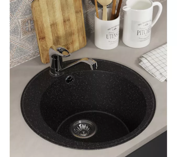 Кухонная мойка из искусственного камня Uperwood ECON UPD-405-004, круглая, черная матовая, Выбрать цвет: Черный оникс, изображение 3