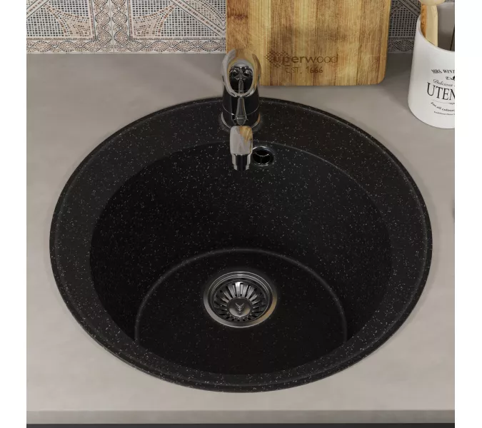 Кухонная мойка из искусственного камня Uperwood ECON UPD-405-004, круглая, черная матовая, Выбрать цвет: Черный оникс, изображение 4