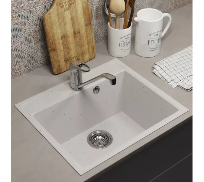 Кухонная мойка из искусственного камня Uperwood ECON UPD-408-001, прямоугольная, белая матовая, Выбрать цвет: Белый камень, изображение 2